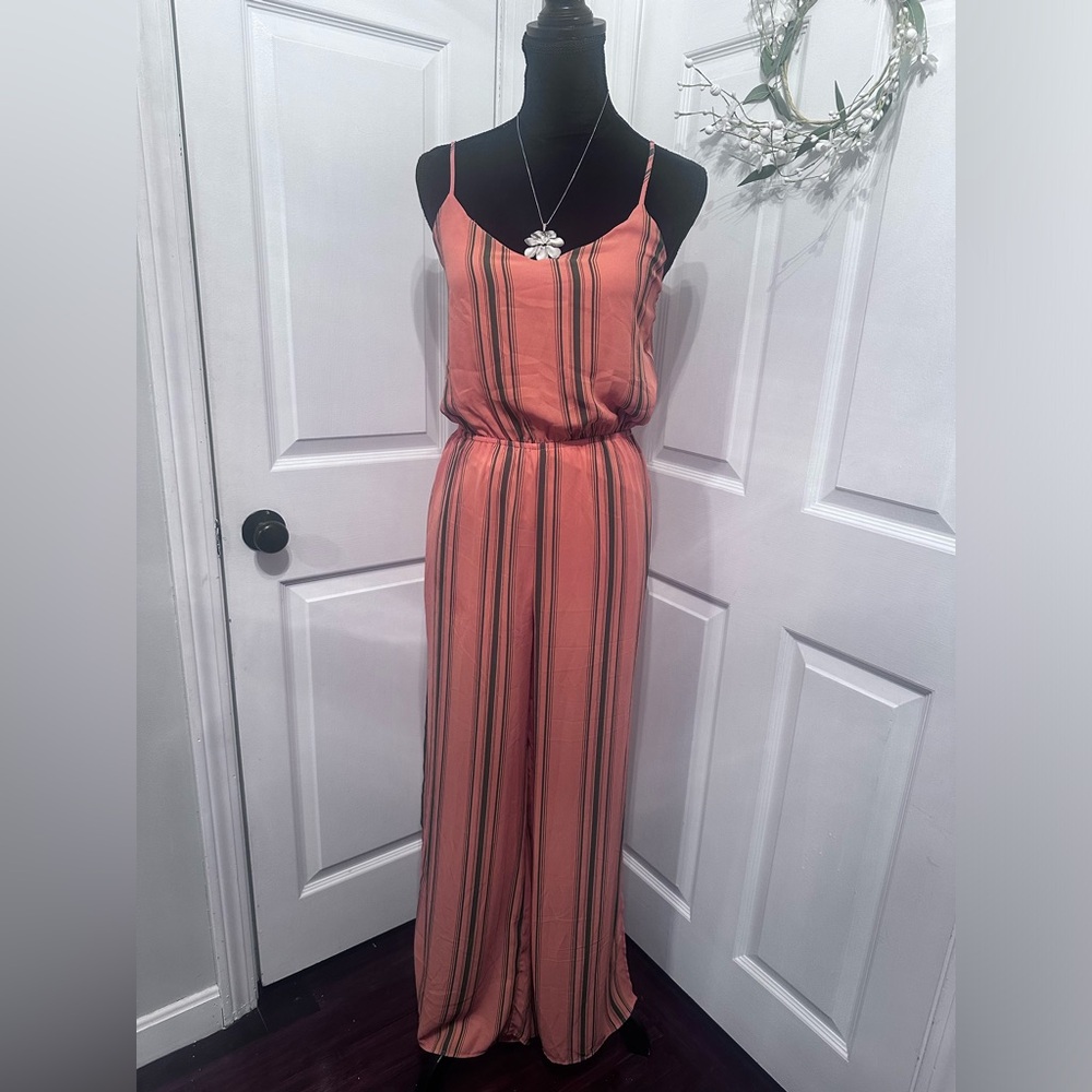 Shinestar peach and forest striped jumpsuit